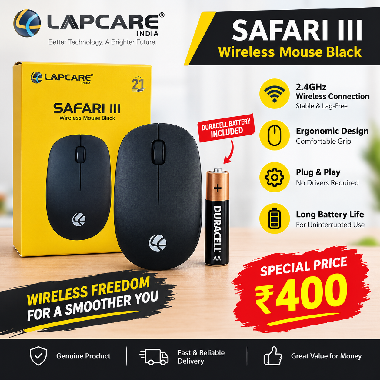 Lapcare Safari III Wireless Mouse – Black (Duracell Battery Included) Lapcare Safari III Wireless Mouse – Black (Duracell Battery Included)
